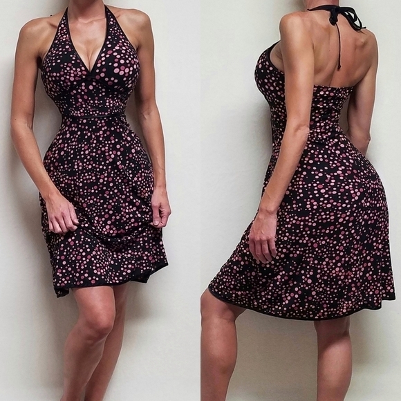VINTAGE My Michelle Retro Bubble Print Halter Pin-up V-neck A-line Midi Dress - Picture 1 of 14